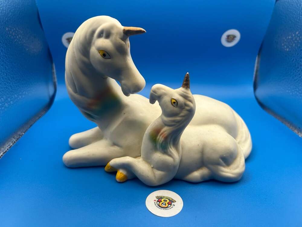 Vintage Porcelain  Unicorn Mom and Baby Figurine with Gold Horns and Rainbow